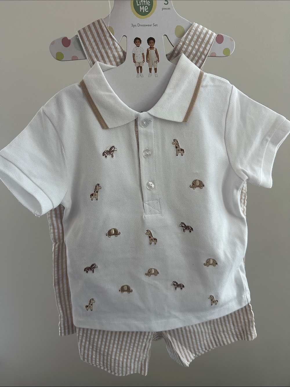 NWT Little Me 3-pc Set White Polo & Overalls Set 100% Cotton Size 12M, 18M, 24M